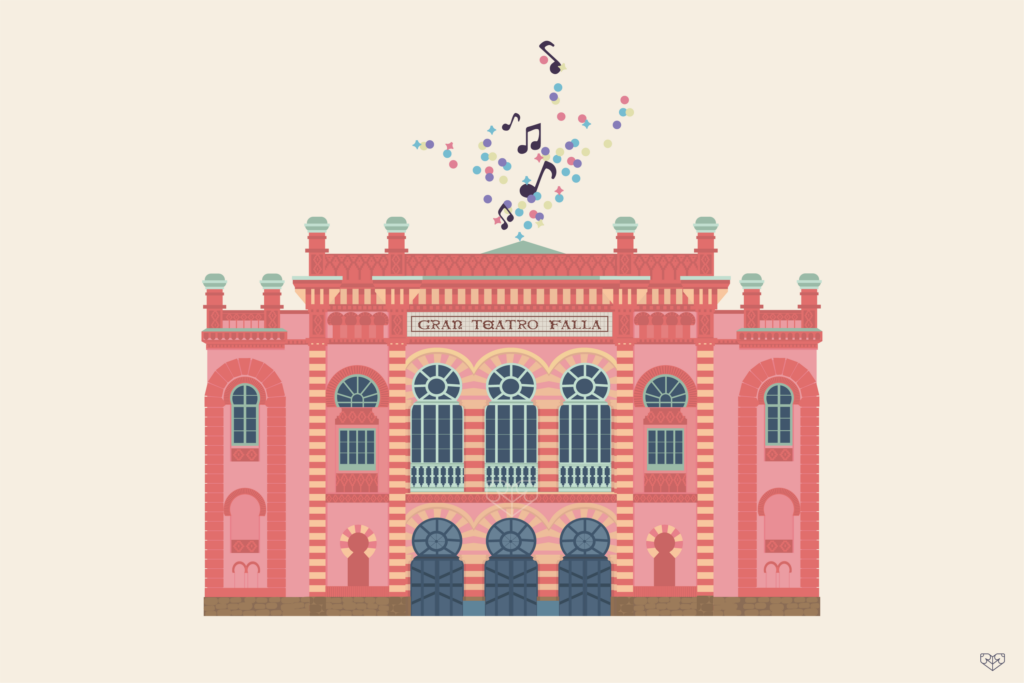 Ilustración colorida del Teatro Falla en Cadiz