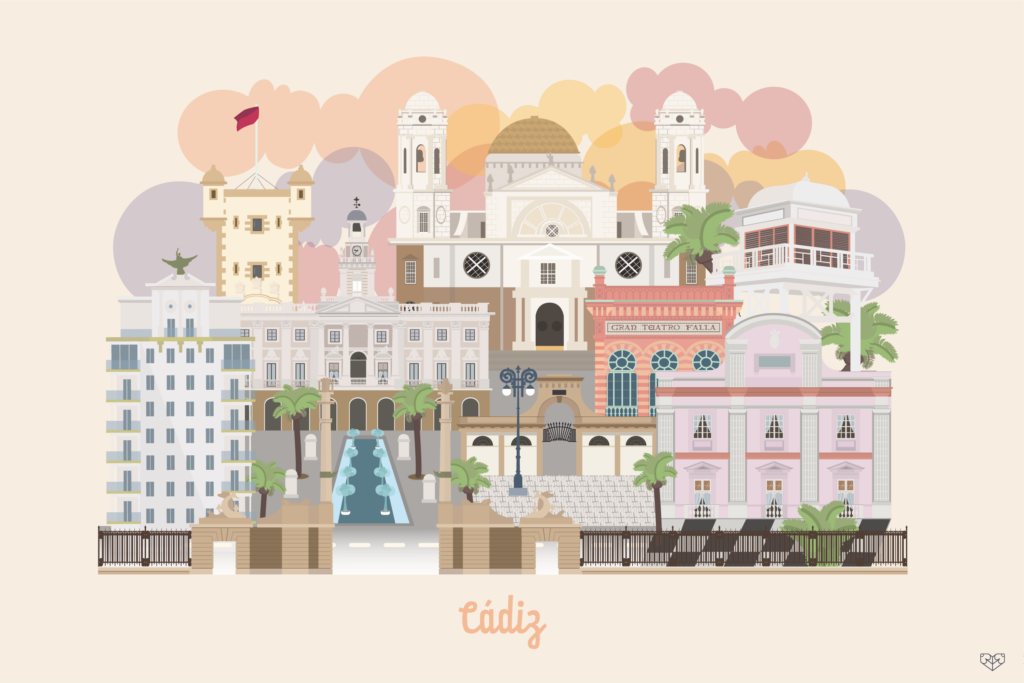 Ilustración de la ciudad de Cadiz con los monumentos más representativos de la ciudad