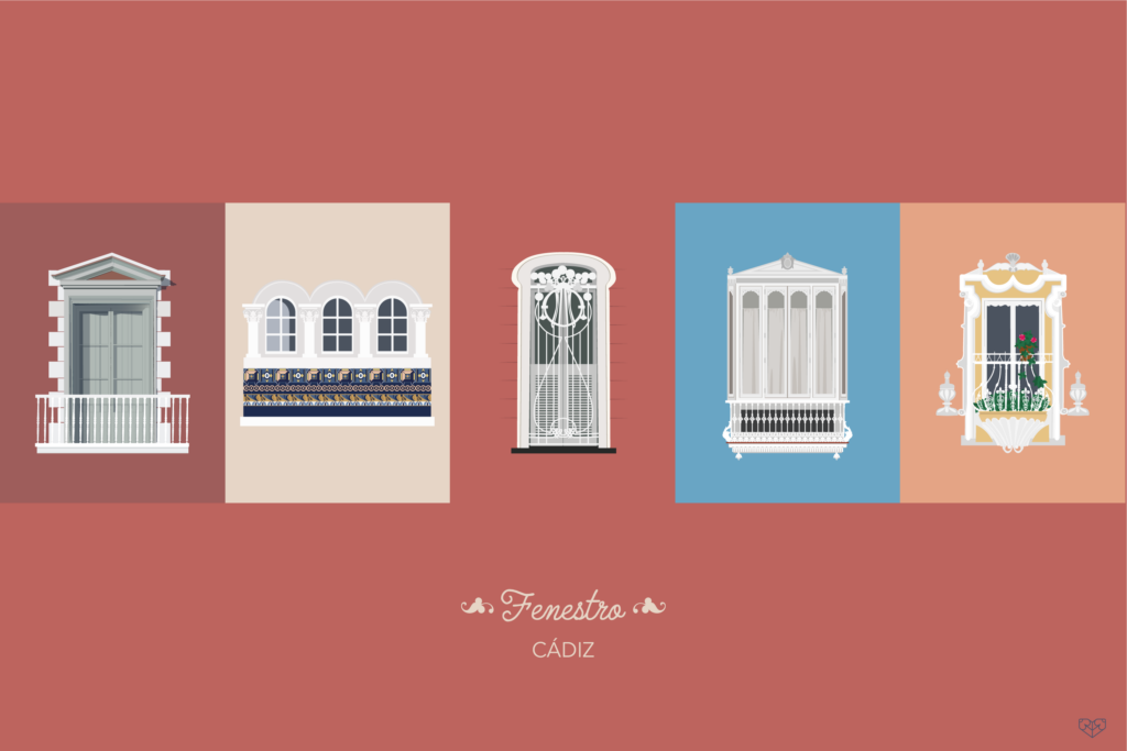 Ilustración a color de balcones de la ciudad de Cadiz, proyecto Fenestro